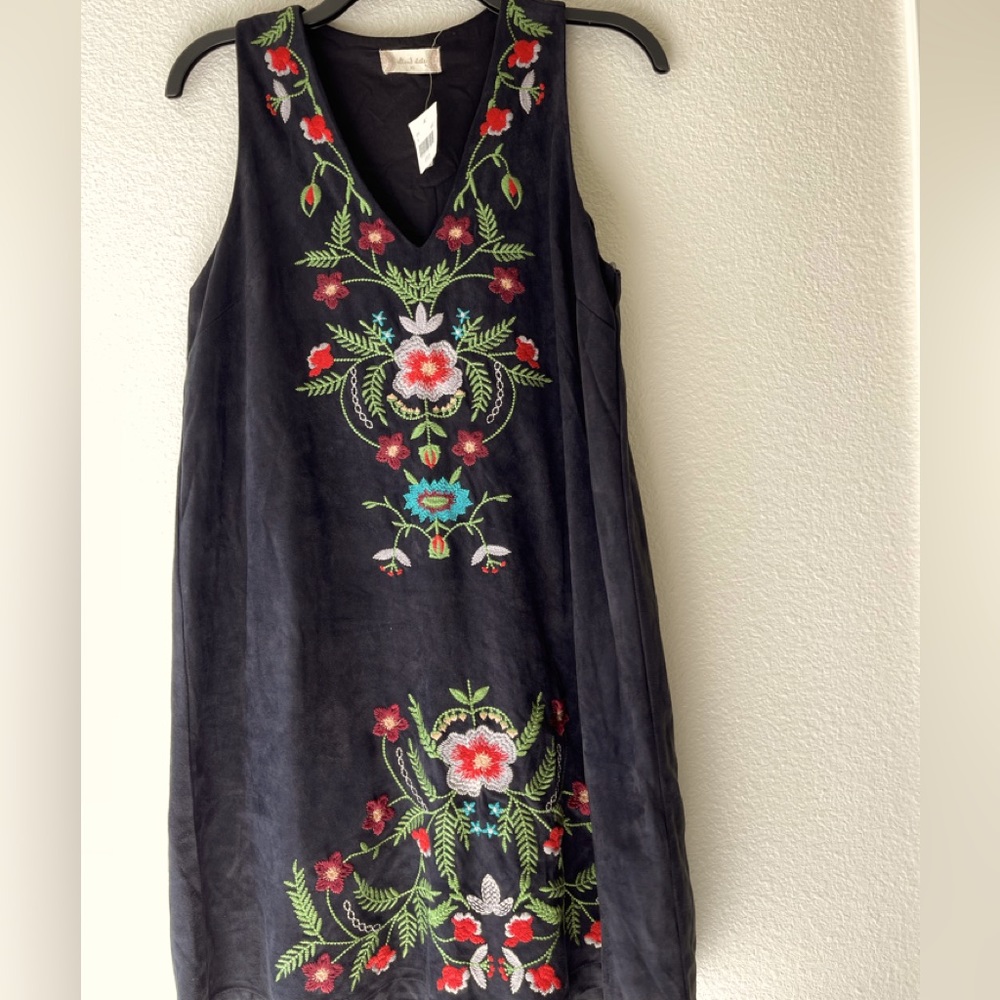 New Gorgeous Altar’d State faux suede black embroidery dress. Size XS-S